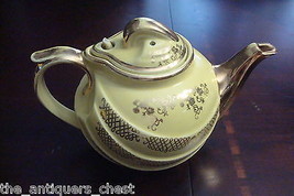 HALL TEAPOT yellow with gold swirl design 6 CUP 0.799 USA, Mid Century O... - $38.60