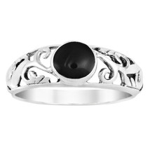 Intricate Lace Swirl Vines Round Black Onyx Sterling Silver Ring-9 - £10.36 GBP