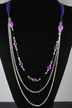 NEW!!! Purple Beaded Chain 3 row Silk Ribbon Handcrafted Necklace  - £4.73 GBP