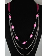 NEW!! Pink Beaded Chain 3 row Silk Ribbon Handcrafted Necklace  - £4.73 GBP