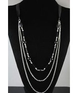 New! Silver &amp; Black Beaded Chain 3 row Silk Ribbon Handcrafted Necklace  - £4.73 GBP