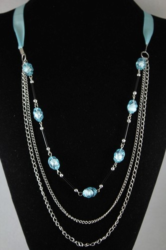Primary image for New Baby Sky Blue Beaded Chain 3 row Silk Ribbon Handcrafted Necklace 