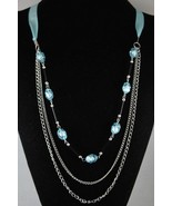 New Baby Sky Blue Beaded Chain 3 row Silk Ribbon Handcrafted Necklace  - £4.73 GBP
