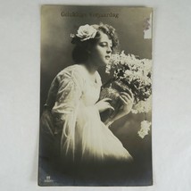 Young Woman with Vase Birthday Postcard Vintage RPPC Belgium Posted 1912 - £7.63 GBP