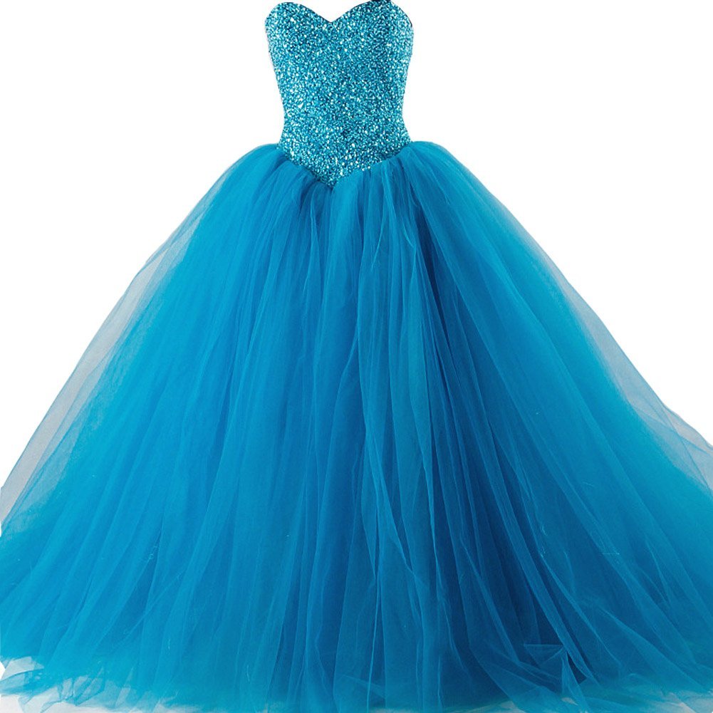 Kivary Formal Tulle Heavy Beaded Ball Gown Long Prom Dresses Quinceanera Turquoi