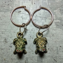 Vintage Goldtone Small 3D Painted Metal Frog Dangle Hoop Pierced Earring... - $12.51