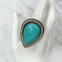 Bronze Tone Rhinestone Teardrop Faux Turquoise Stretch Adjustable Statement Ring - £5.17 GBP