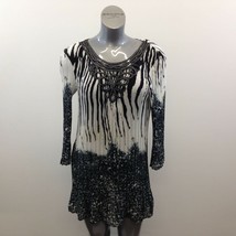 Cleo Pleated A Line Dress Women&#39;s Size XL Black White Patterned Long Sle... - $7.92