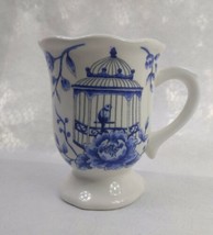 Made in China White Cobalt Blue Cup Mug Bird in Cage Flowers - $12.87
