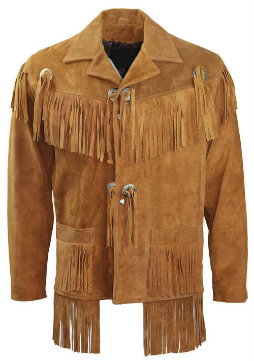 Men's Western Style Tan Color Suede Real Leather Concho Fringed Handmade Jacket