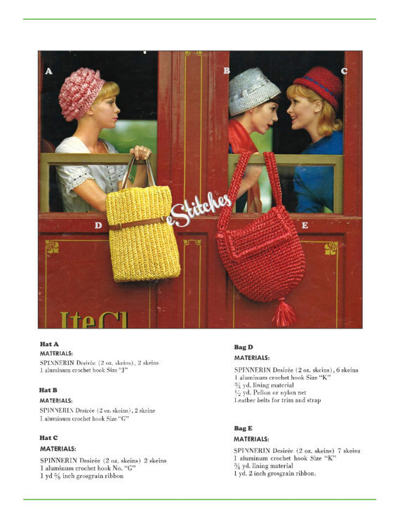 1960s Hats Bucket, Flower Brimmed Hat &2 Purses - 5 Crochet patterns (PDF 1641) - $5.50