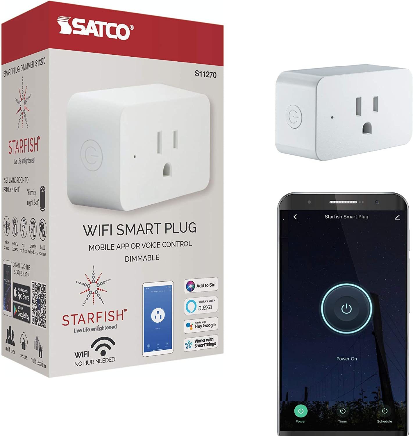Satco S11270 Starfish 3-Inch On/Off and Dimmer WiFi Smart Plug Outlet, W... - $35.99