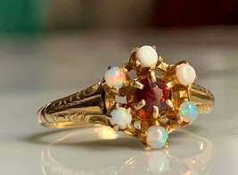 Ring 14K Yellow Gold Over Victorian Fire Opal &amp; Garnet Engagement Vintage 2.65Ct - £88.04 GBP