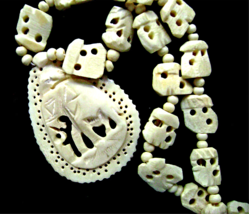 Vintage Elephant Necklace Hand Carved Bone Beads Pendant Long  - £29.93 GBP