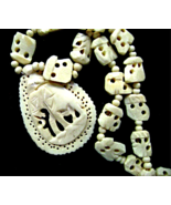 Vintage Elephant Necklace Hand Carved Bone Beads Pendant Long  - £29.89 GBP