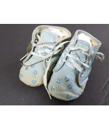 VTG PAIR OF BLUE BABY SHOES BOOTIES WITH FLOWER EMBROIDERY &amp; LACES - £13.33 GBP