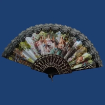 Dark Brown Hand Fan with Black Lace and Romantic Scene - £54.81 GBP