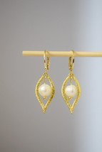 Leaf Earrings With Pearl, Gold Plated Huggies With Leaf Pendant, Dangle And Drop - £25.03 GBP