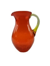 Vintage Amberina Small Hand Blown Crackle Glass Pitcher Orange W Yellow Handle  - £19.51 GBP