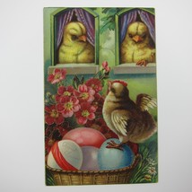 Easter Postcard Yellow Chicks Colored Easter Eggs Flowers Gold Embossed Antique - £11.76 GBP