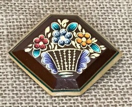 Hand Painted Floral Hexagon Wood Brooch Pin Cottagecore Jewelry - $9.90