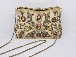 Vintage Beaded Cabochon Crossbody Bag Beige Gold Brown Removable Chain Top Clasp - £38.82 GBP