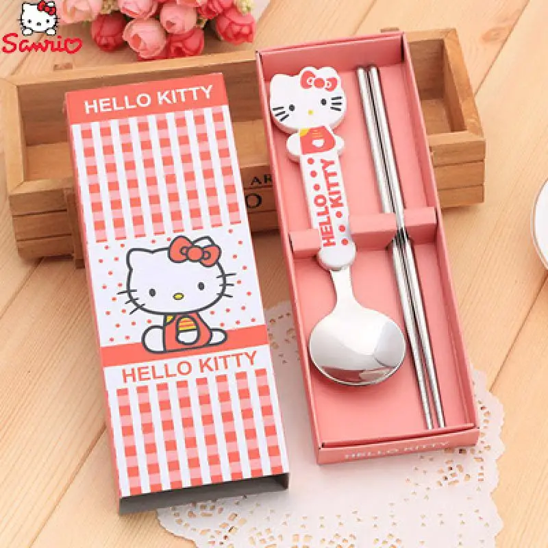 Sanrio Hello Kitty Stainless Steel Spoon Fork Chopsticks Tableware 2Pcs Box - £8.35 GBP