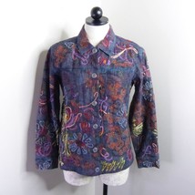 Chico&#39;s Women&#39;s S/4 Denim Embellished Embroidered Colorful Floral Blazer Jacket - £11.15 GBP