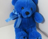 Plush blue teddy bear satin ribbon bow stuffed animal soft toy black nose - $13.50
