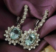 4Ct Oval Aquamarine Diamond Cluster Drop/Dangle Earrings Solid 14K White Gold GP - £72.33 GBP