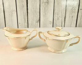 Crown Potteries Creamer &amp; Sugar Gold Swag Medallion Quiet Elegance - $29.69