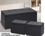 Set Of 3 Leather Lift Top Storage Ottoman Bench Black Upholstered Footre... - $234.99