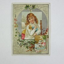 Victorian Trade Card Christmas Girl Doll Kitten Woolson Spice Co Toledo Ohio - £11.74 GBP