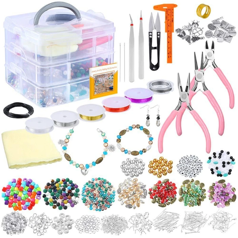 Jewelry Making Supplies Kit with Beads Charms Findings Jewellery Pliers Beading  - £46.11 GBP
