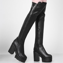 Fashion Women Platform Long Boots Gothic Black White Fashion Square Heel Knee Hi - £73.63 GBP