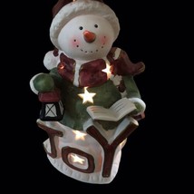 Porcelain Lighted Bisque Snowman JOY Caroler with lantern Christmas display - £15.81 GBP