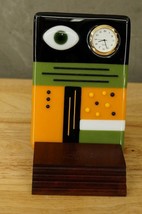 VINTAGE Fused Glass Quartz Clock MCM Mid Century Modern Olive Green Gold Black - £27.68 GBP