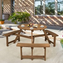Outdoor Solid Wood Round Picnic Table Set with Umbrella Hole and 3 Benches - $331.49