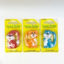 NEW 3 Vtg Evenflo Plastic Red Bunny Orange Cat Blue Squirrel Rattle Baby... - $24.99