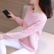 N korean style loose ladies lace stitching sweater fashion round neck solid thread long thumb200