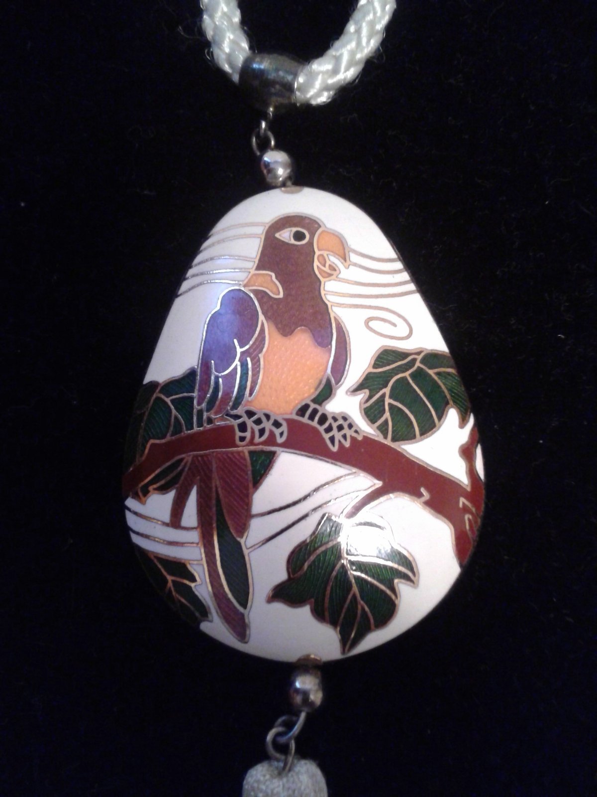 Storks Cloisonné Enamel Necklace Vintage Cream Colored with Silk Cord/Pa... - $6.95