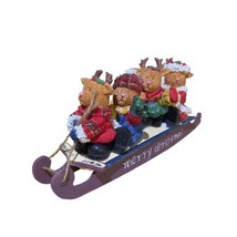 Merry Christmas Snow Sleigh 4 Reindeer Bears Decorative Funtime 11”x 4.5... - $18.39