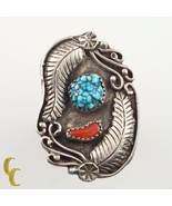 Silver Navajo Ring with Coral &amp; Turquoise and Hand-Made Leaf Motif Size ... - $163.93 CAD