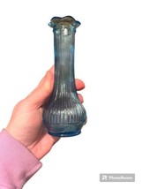 Randall glass Flower Bud Vase 6&quot; Peacock Blue Ribbed Glass Ruffled Edge - £18.68 GBP