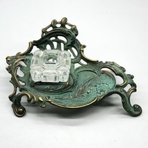 Vintage Ornate Art Nouveau Brass Footed Inkwell with Crystal Glass Well Green - $48.00