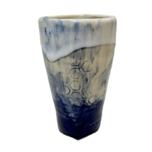 Vintage Handmade Art Pottery Drip Glaze Flower Bud Cylinder Vase Blue Wh... - $19.13