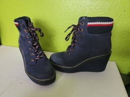 Womens Tommy Hilfiger Boots Wedge Suede Navy Blue Size 7m Leather - $68.59