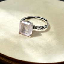 Natural Rose Quartz Princess Cut Ring 925 Silver Vintage Floral Adjustable - $42.00