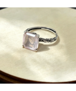 Natural Rose Quartz Princess Cut Ring 925 Silver Vintage Floral Adjustable - $42.00