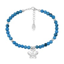 Charming Peace Butterfly Blue Turquoise Gemstone Sterling Silver Bracelet - $18.01